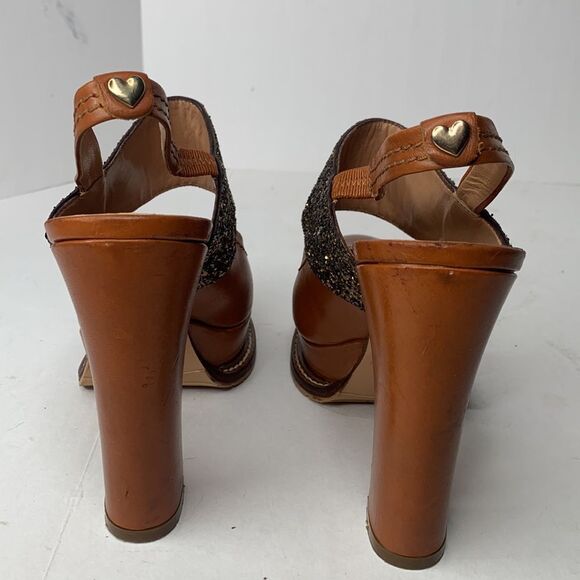 Twin-Set gold glitter tan leather platform pumps - Picture 5 of 10